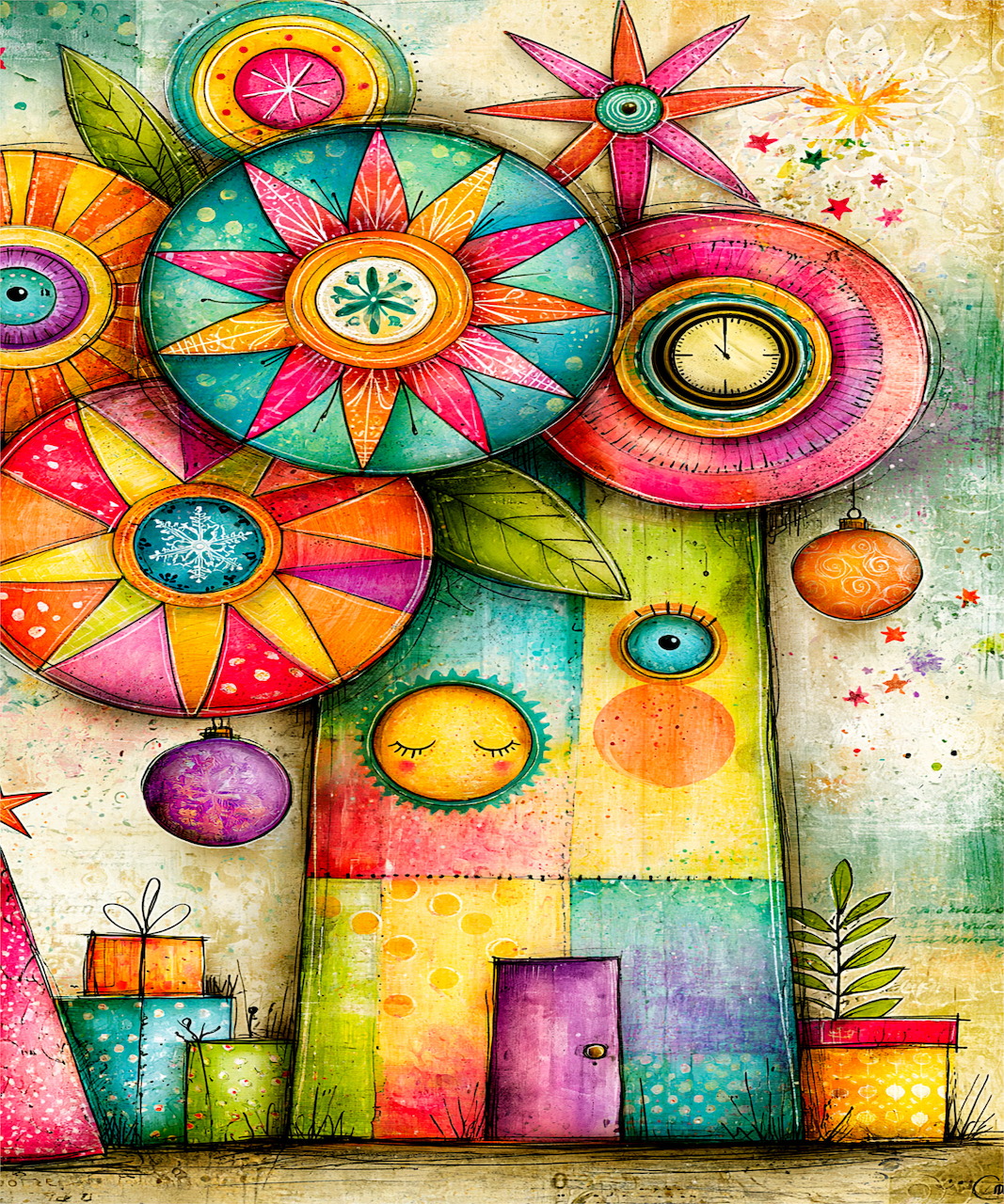 Colorful whimsical house with large flower-like circles and geometric shapes in a playful painted style
