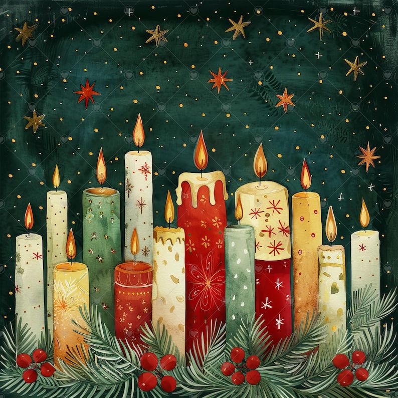 Festive Christmas candles in red, green, and cream with snowflakes, pine branches, berries, and stars on dark green background
