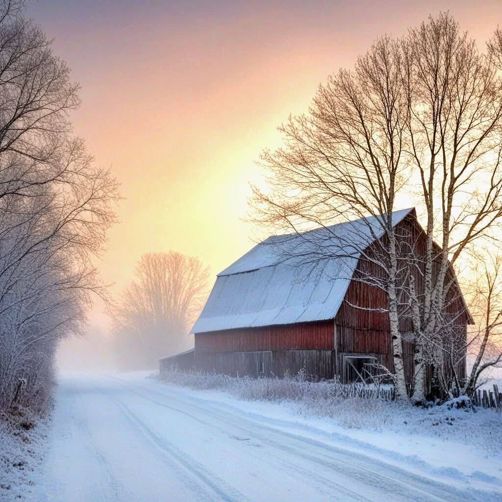 Red barn by a snowy road at sunrise with frost-covered trees