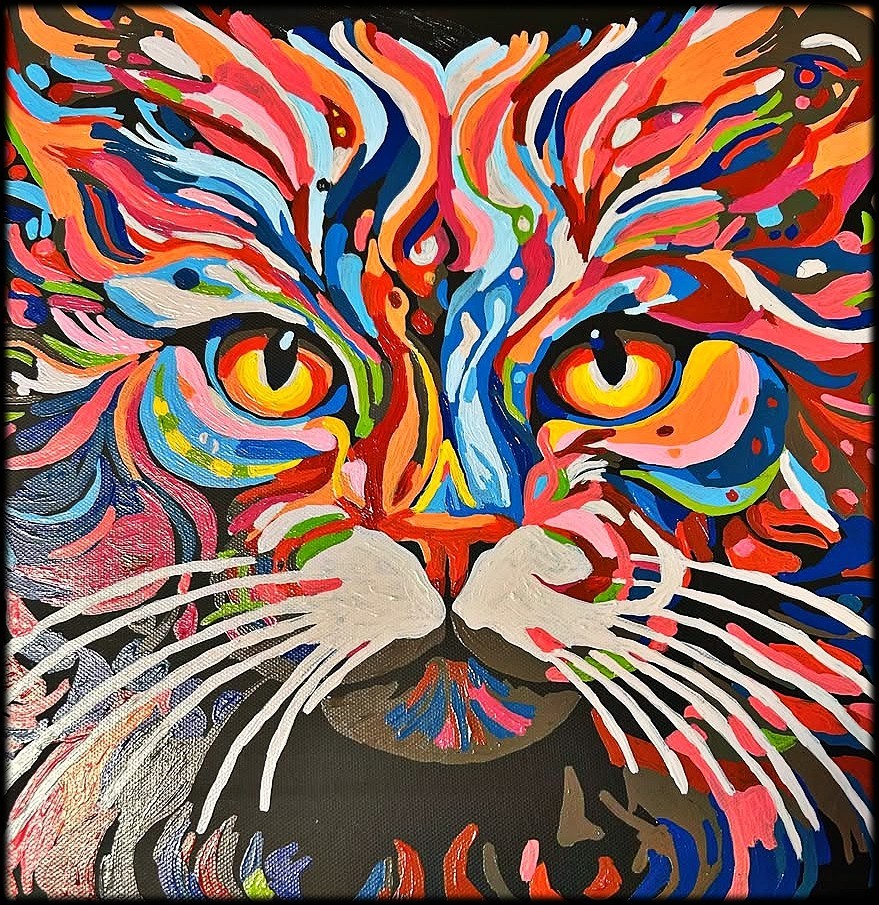 Colorful abstract painting of a cat face with swirling rainbow brushstrokes and bright yellow eyes