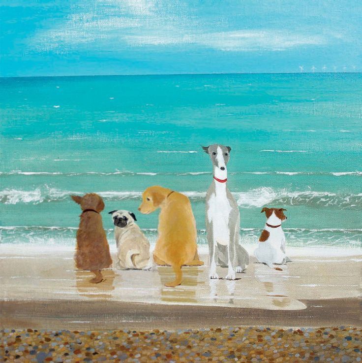 Five dogs sitting on a beach looking at the ocean in a painted illustration