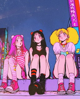 Three anime girls sitting on ledge in neon cityscape at night