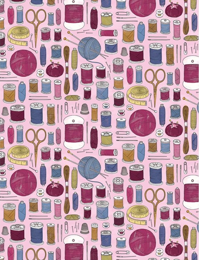 Illustrated pattern of sewing supplies like scissors, thread spools, thimbles and buttons on pink background