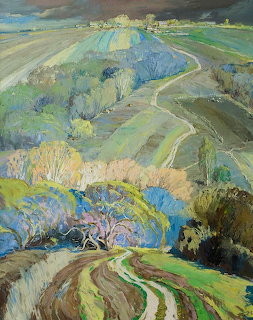 Expressive painting of rolling hills with winding dirt paths and colorful spring trees
