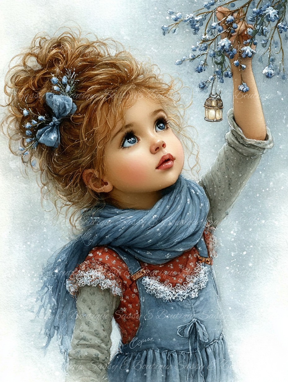 Young girl in blue winter clothing holding up a lantern with flowers in her hair against snowy backdrop