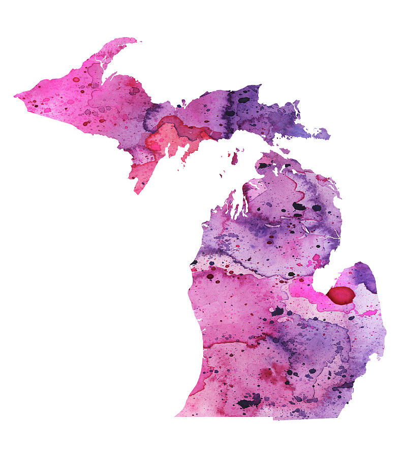 Watercolor map of Michigan state in pink and purple tones on white background