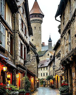 Historic German village street with old buildings, flower boxes, and a tower in the background