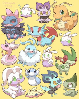 Cute cartoon dragon Pokemon characters in chibi style with pastel colors on yellow background