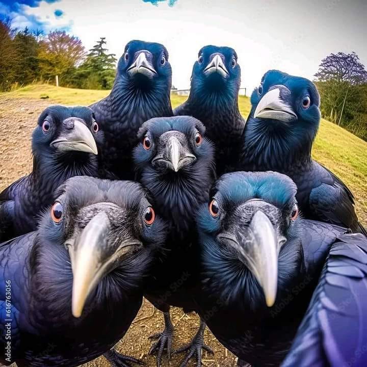 Close-up of seven crows crowding around the camera in a grassy outdoor setting