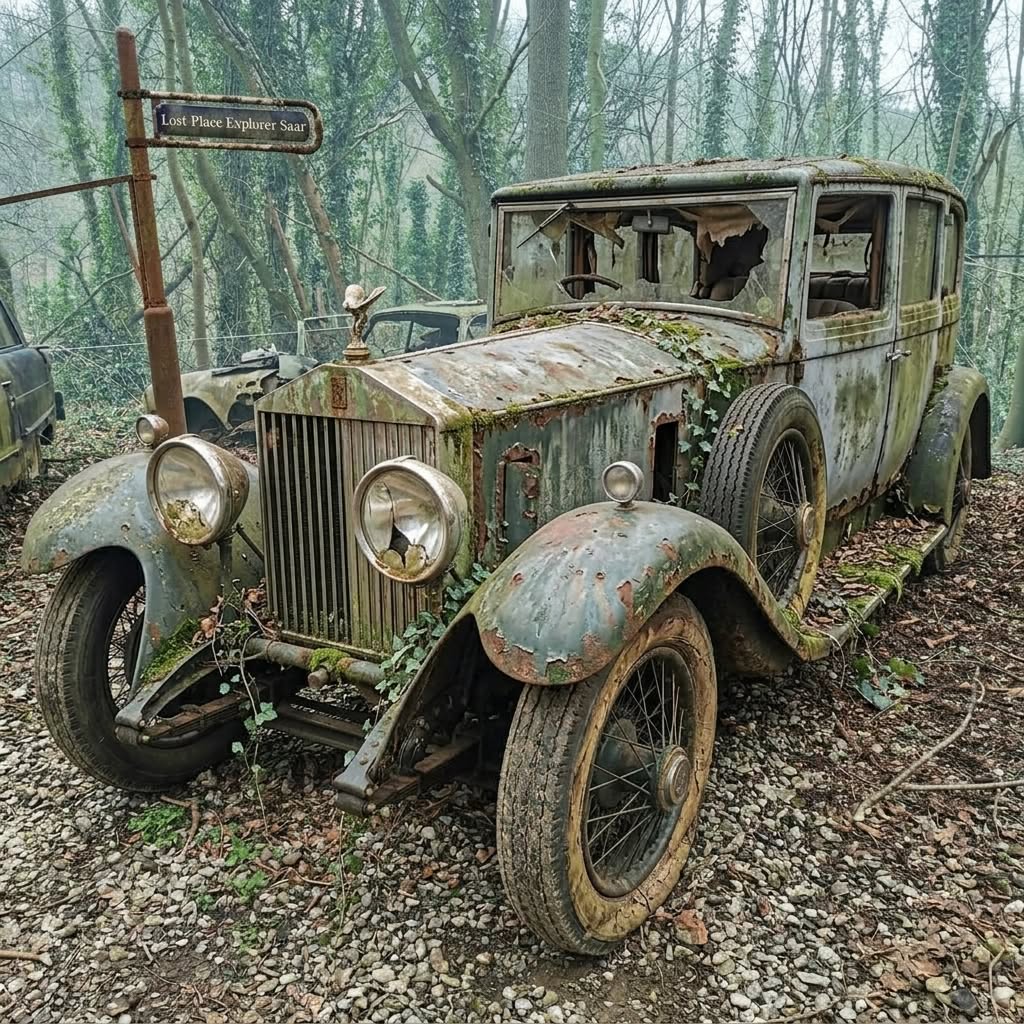 Rusted vintage car abandoned in a wooded area covered with leaves