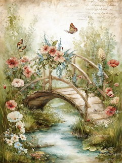 Watercolor painting of a wooden bridge over a stream surrounded by flowers and butterflies