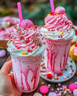 Pink milkshakes with whipped cream, sprinkles, macarons and candy toppings in pink-drizzled cups