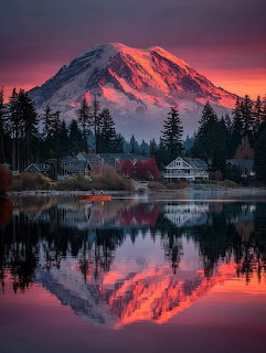 Snow-covered Mount Rainier reflected in lake at colorful sunset with silhouetted pine trees