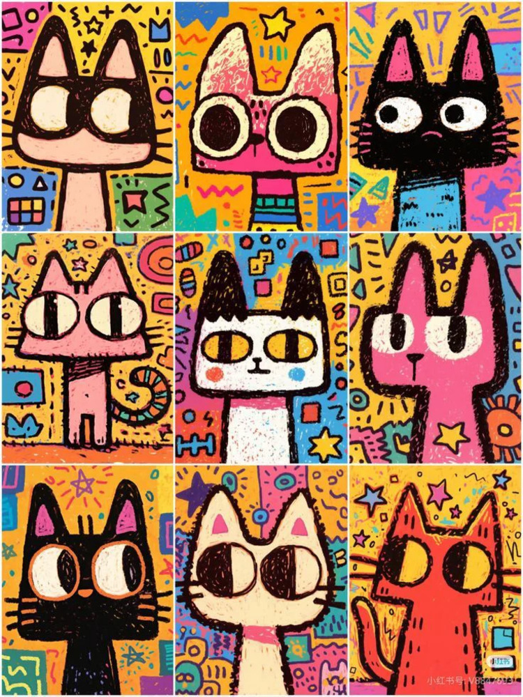 Grid of nine colorful cartoon cats with large eyes in pop art style against patterned backgrounds
