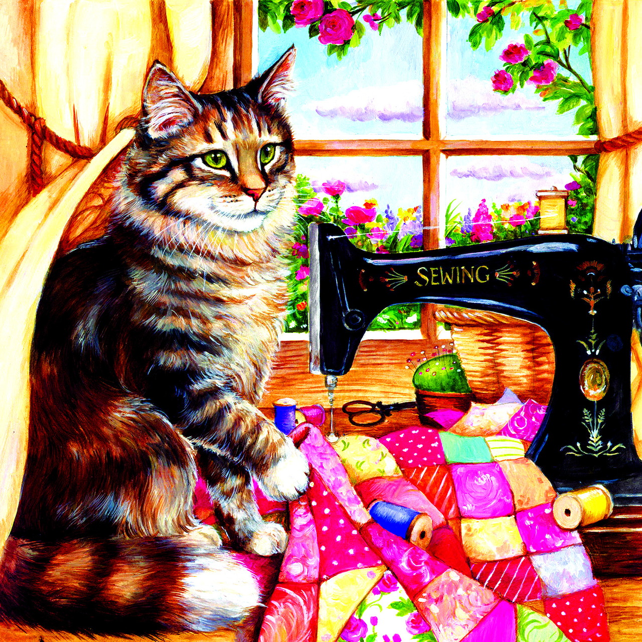 Painting of a tabby cat beside a vintage sewing machine on a colorful quilt near a window
