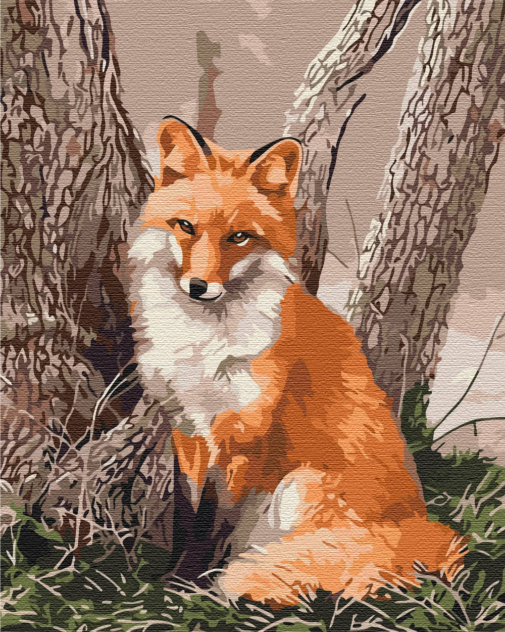 Painting of a red fox sitting between tree trunks in grass