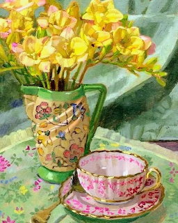 Painting of yellow freesias in a floral vase with a pink teacup and saucer on a table
