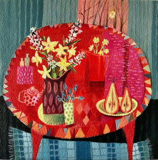 Vibrant painting of red table with yellow daffodils, pears, and decorative items on patterned backdrop