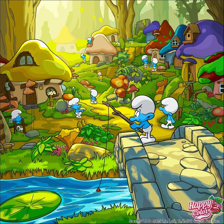 Cartoon Smurfs in a forest village with mushroom houses, a bridge, and a stream