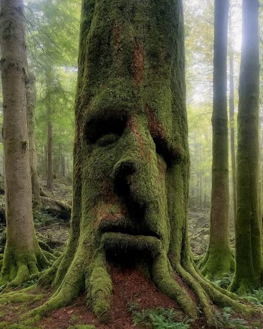 Moss-covered tree trunk with a human-like face carved by nature, standing in a misty forest