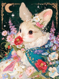 Illustrated white rabbit in a teal floral dress with a flower crown against a stary night background