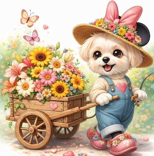 Cute illustrated dog in overalls pulling a flower-filled wooden cart
