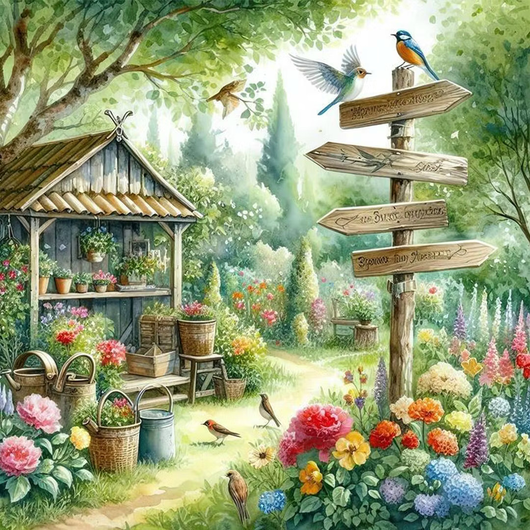 Colorful garden with birds on wooden signposts, flowers, and a small shed