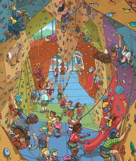 Illustrated busy indoor climbing gym with many children and adults on colorful climbing walls