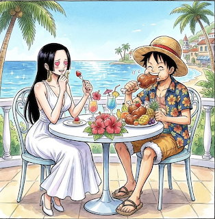 Anime characters dining at beachside table with tropical drinks, fruit, ocean view and palm trees