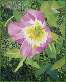 Patchwork-style pink and white flower with green leaves and textured foliage background