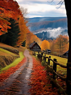 Winding path lined with bright autumn leaves, wooden fence, cabin, and mountains under cloudy sky