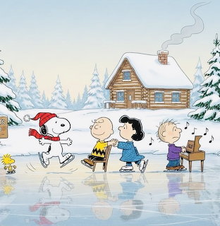 Cartoon characters Snoopy, Woodstock, Charlie Brown and friends skating on ice in front of a winter cabin