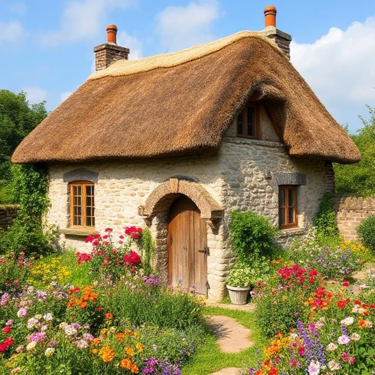 Stone cottage with a thatched roof surrounded by bright flowers and garden paths