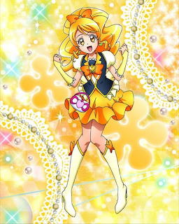 Anime magical girl Cure Honey in yellow outfit with orange accents posing against sparkly yellow background