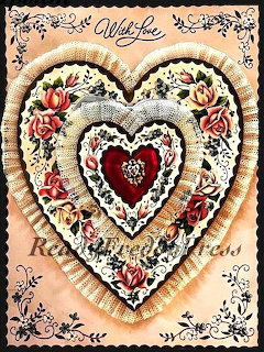 Vintage Valentine card with nested lace hearts, red roses, and decorative border on cream background