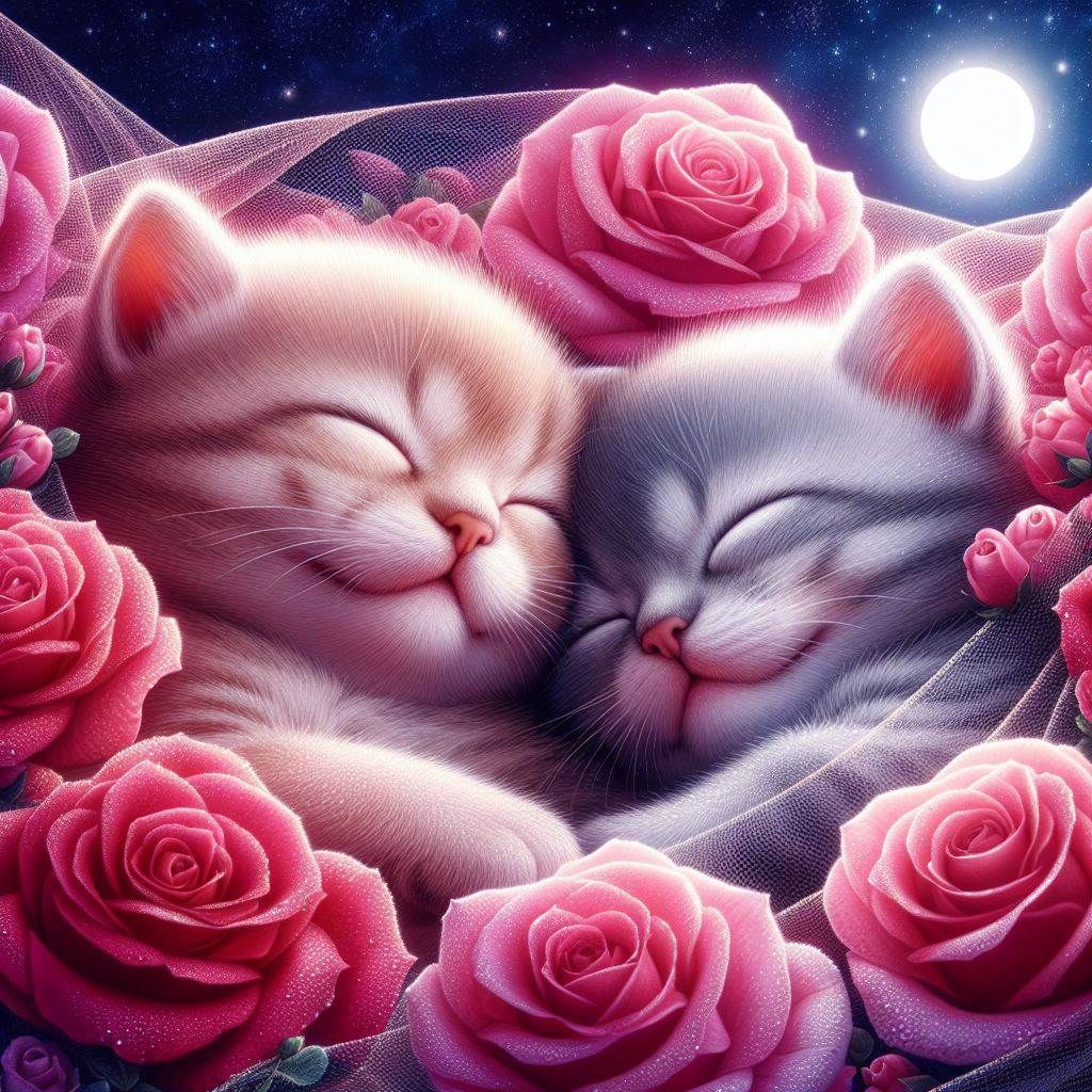 Two cute kittens cuddling and sleeping among pink roses under moonlight