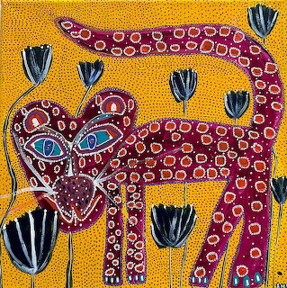 Folk art painting of a purple panther decorated with colorful circular patterns and dots against a golden yellow background