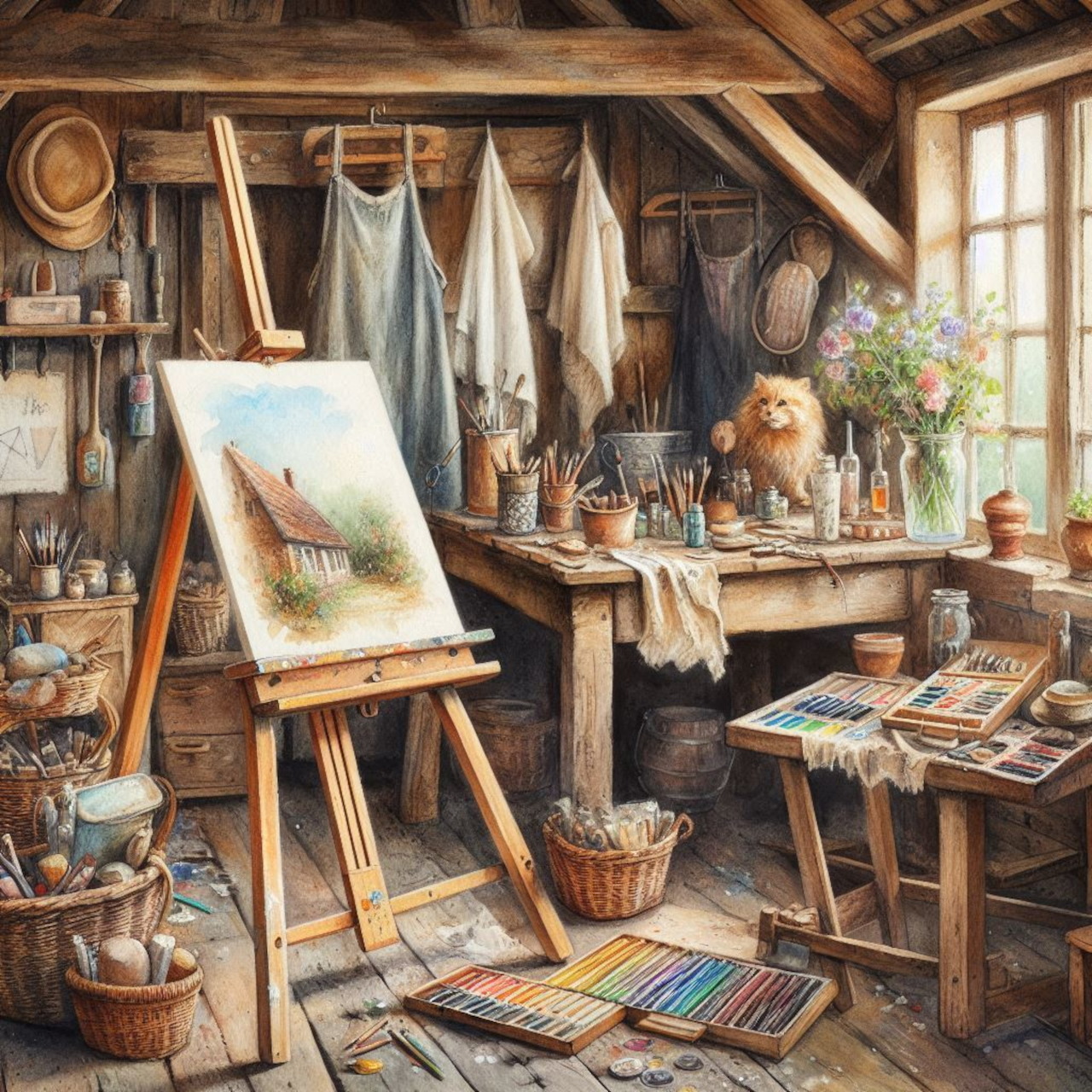 Illustrated rustic artist studio with easel, painting supplies, and a small dog on a wooden workbench