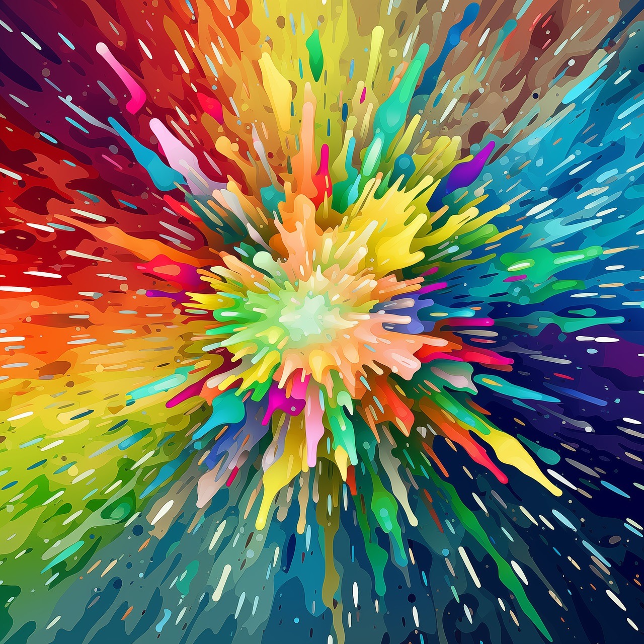 Abstract rainbow explosion radiating colorful paint streaks and splatters from bright center outward in all directions