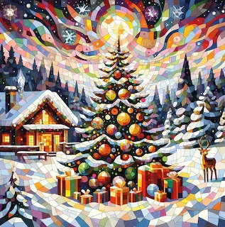 Mosaic-style winter scene with cabin, Christmas tree, presents, and aurora in snowy forest