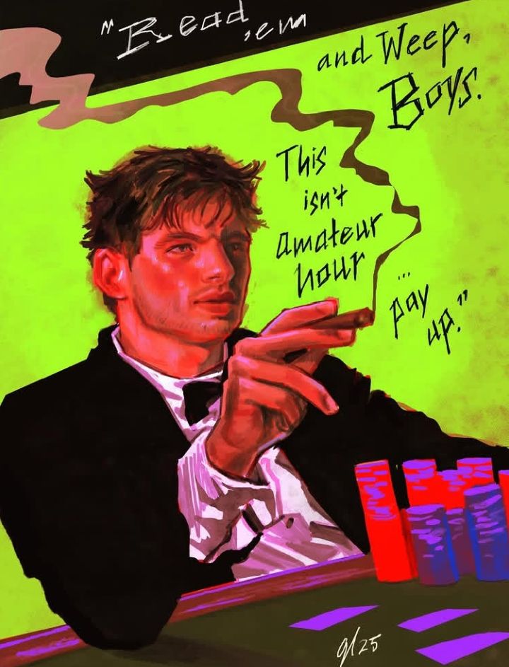 Stylized illustration of a card player in a dark jacket with bold text on a green background